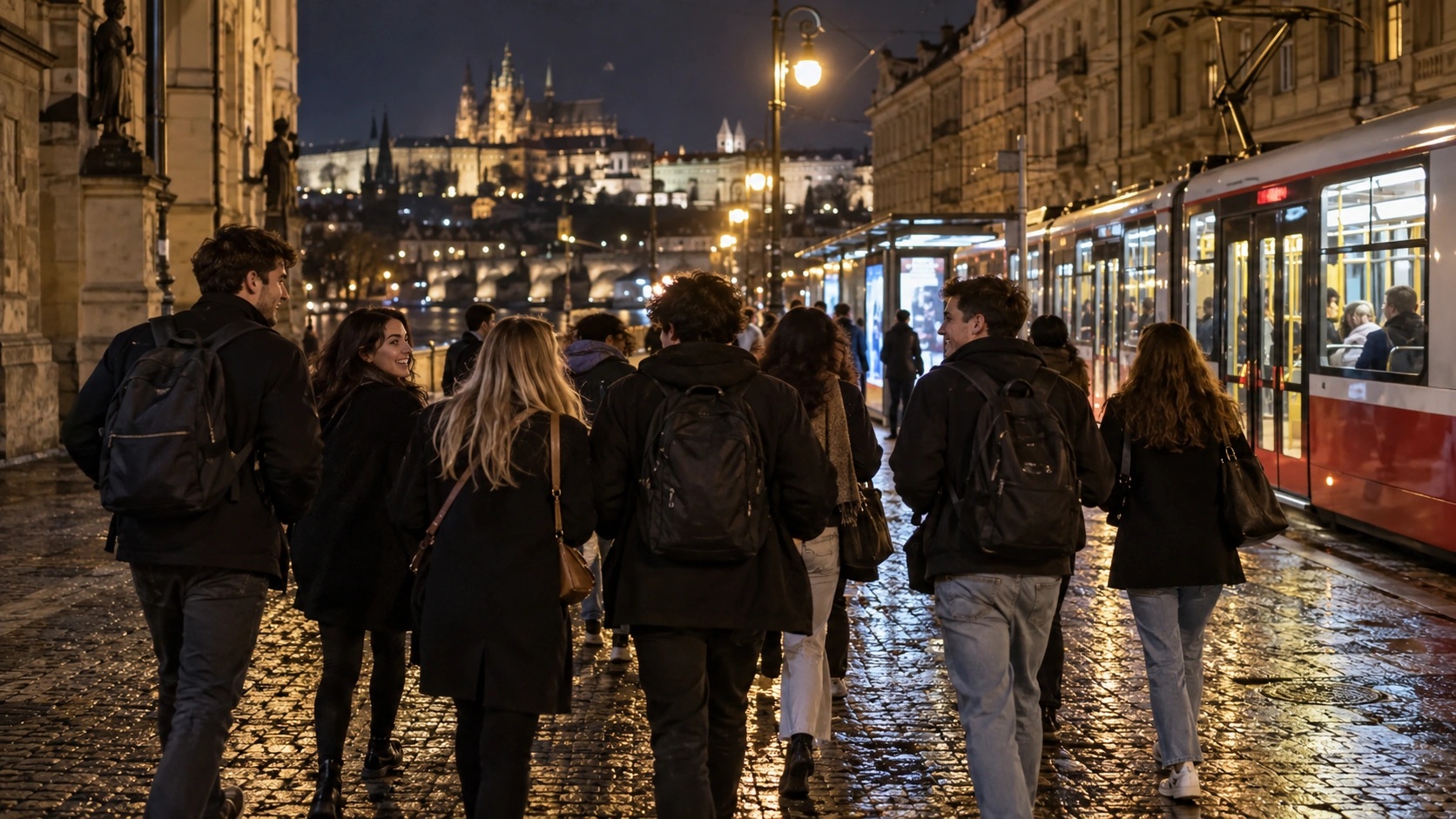 Prompt: A large group of university students walking together under streetlights toward a glowing Prague night tram stop in the early morning. Safe group travel, cobblestone streets, moody architectural reflections, cinematic --ar 16:9