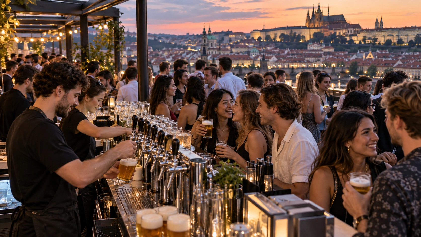 Prompt: A crowded private penthouse terrace bar in Prague packed with young international students. Bartenders pouring draft beer quickly from multiple taps, laughing crowd, panoramic city rooftop view at dusk, vibrant party atmosphere --ar 16:9