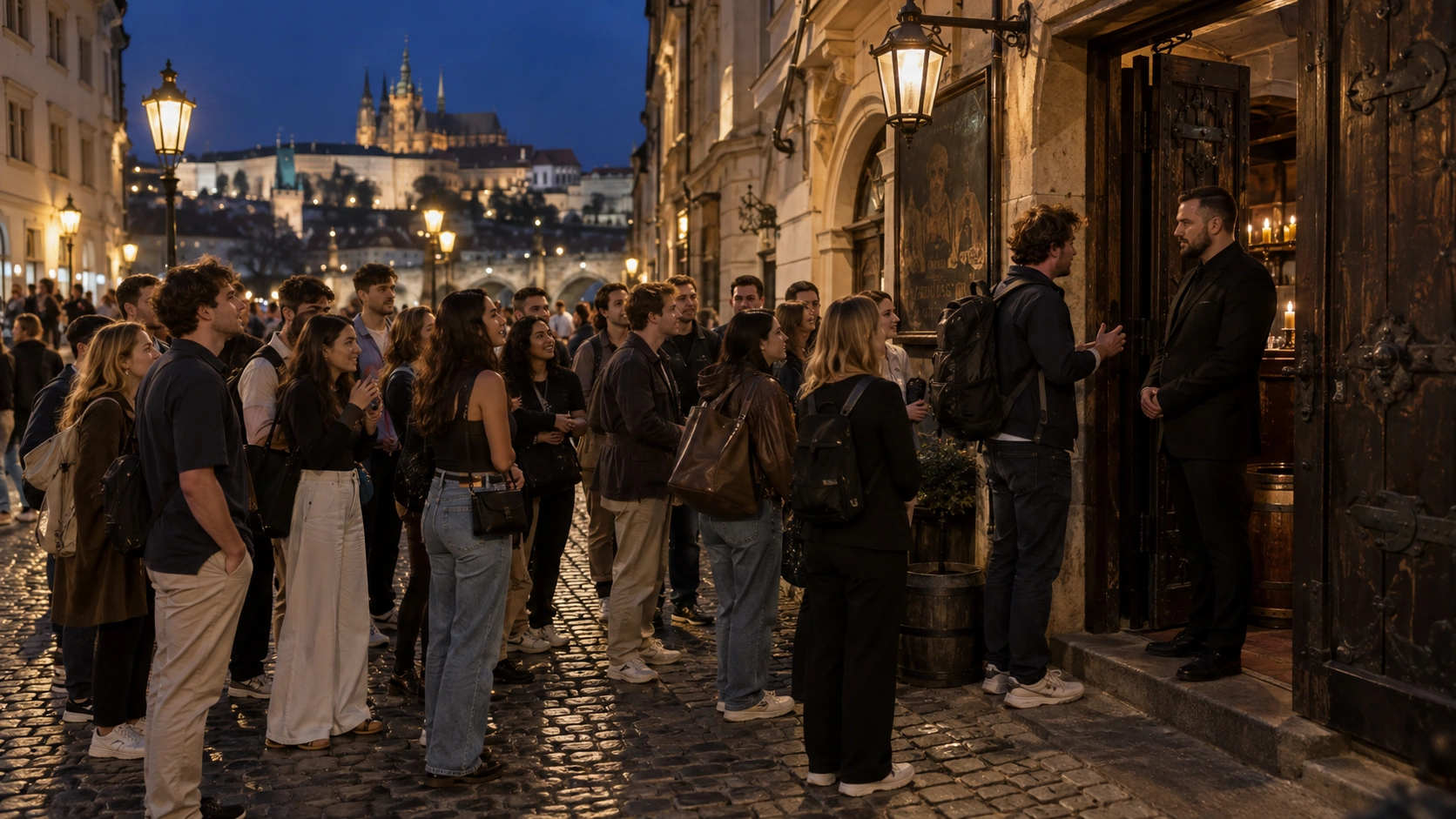 Prompt: A large student tour group of 25 people standing on a cobblestone street in Prague outside a historic tavern, with an organizer talking to a doorman. Evening urban scene, dramatic street lamp lighting, documentary style --ar 16:9