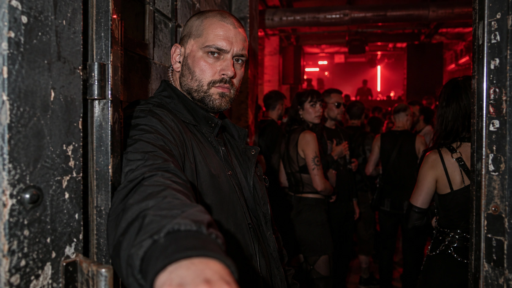 Prompt: A strict door picker at a dark underground techno club in Prague looking directly at the camera. Gritty industrial door, red neon light, underground rave culture, authentic European nightlife scene --ar 16:9