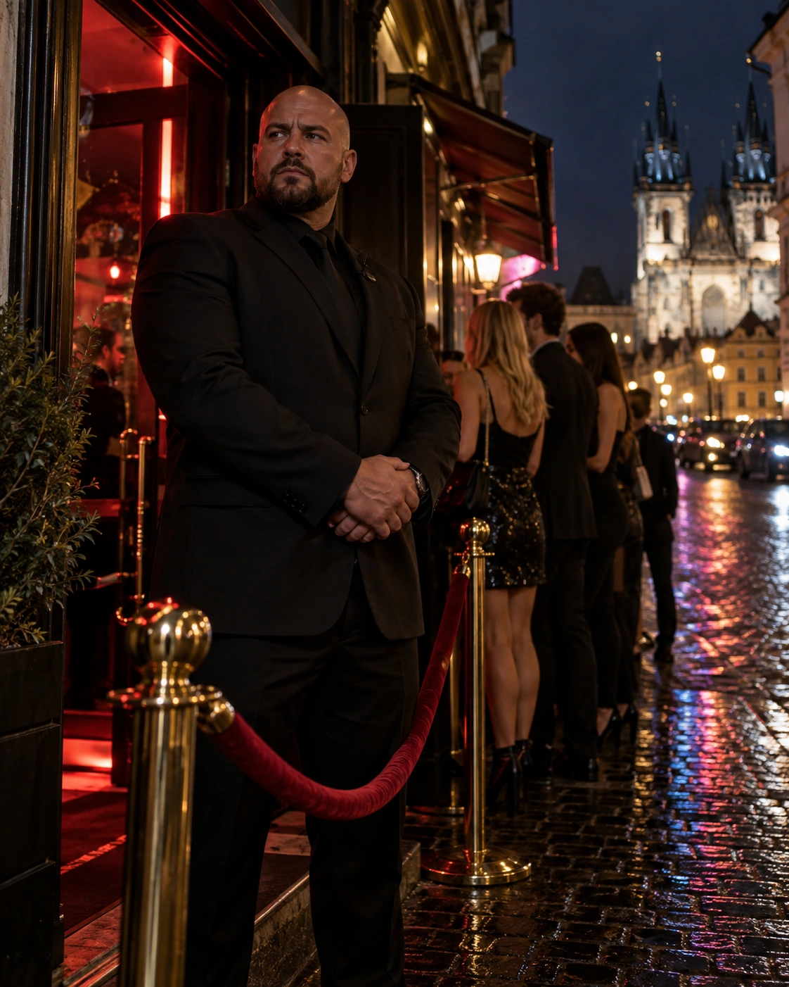 Prompt: A highly imposing, professional nightclub bouncer in a dark tailored suit standing behind a velvet rope at the entrance of a high-end Prague club. Neon lights reflecting on the wet cobblestone street, serious expression, cinematic night photography, highly detailed --ar 4:5