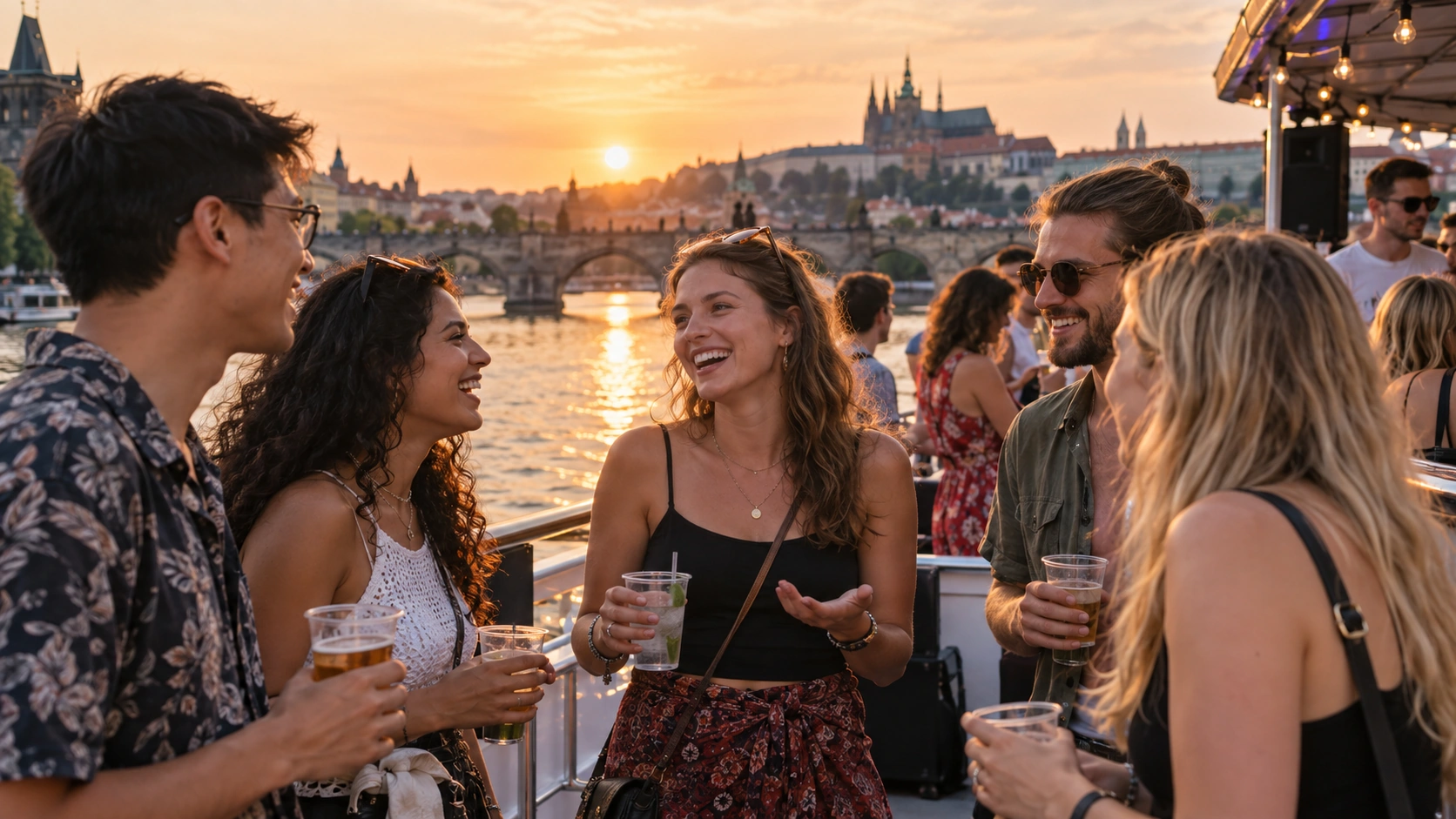Prompt: A solo female traveler happily talking and making friends with a diverse group of international students on the deck of a Prague boat party. Sunset over the Vltava river, relaxed and secure festival vibe, authentic smiles --ar 16:9