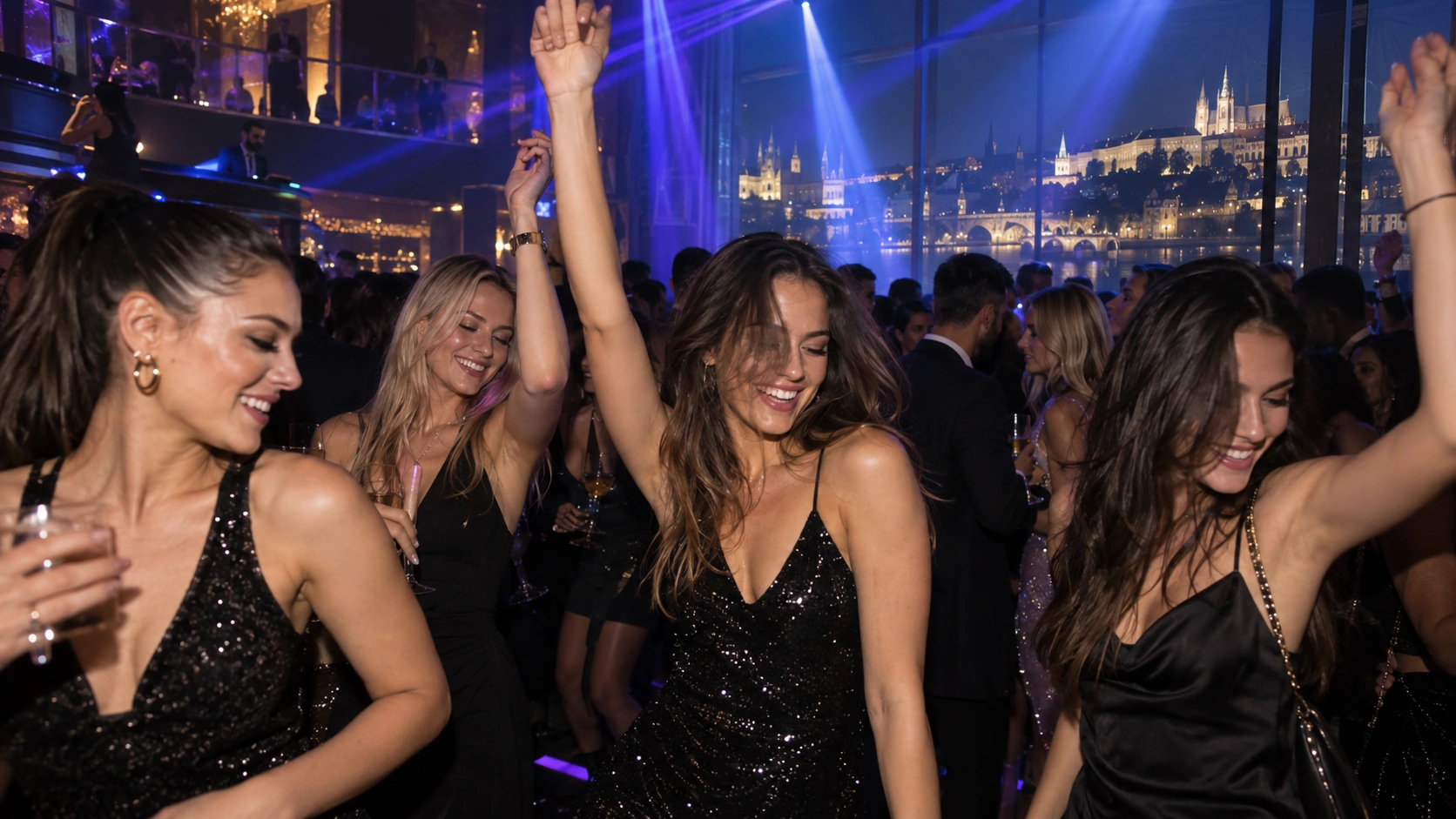 Prompt: A group of young women dancing happily in the center of a premium Prague nightclub. High energy, safe environment, laser lights, sophisticated crowd, realistic nightlife photography --ar 16:9