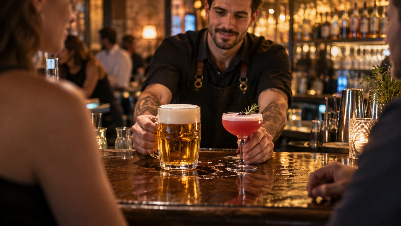 Prompt: A bartender sliding a freshly poured Czech Pilsner and a vibrant pink cocktail across a wet wooden bar counter. High quality nightlife photography, dynamic lighting, realistic drinks --ar 16:9