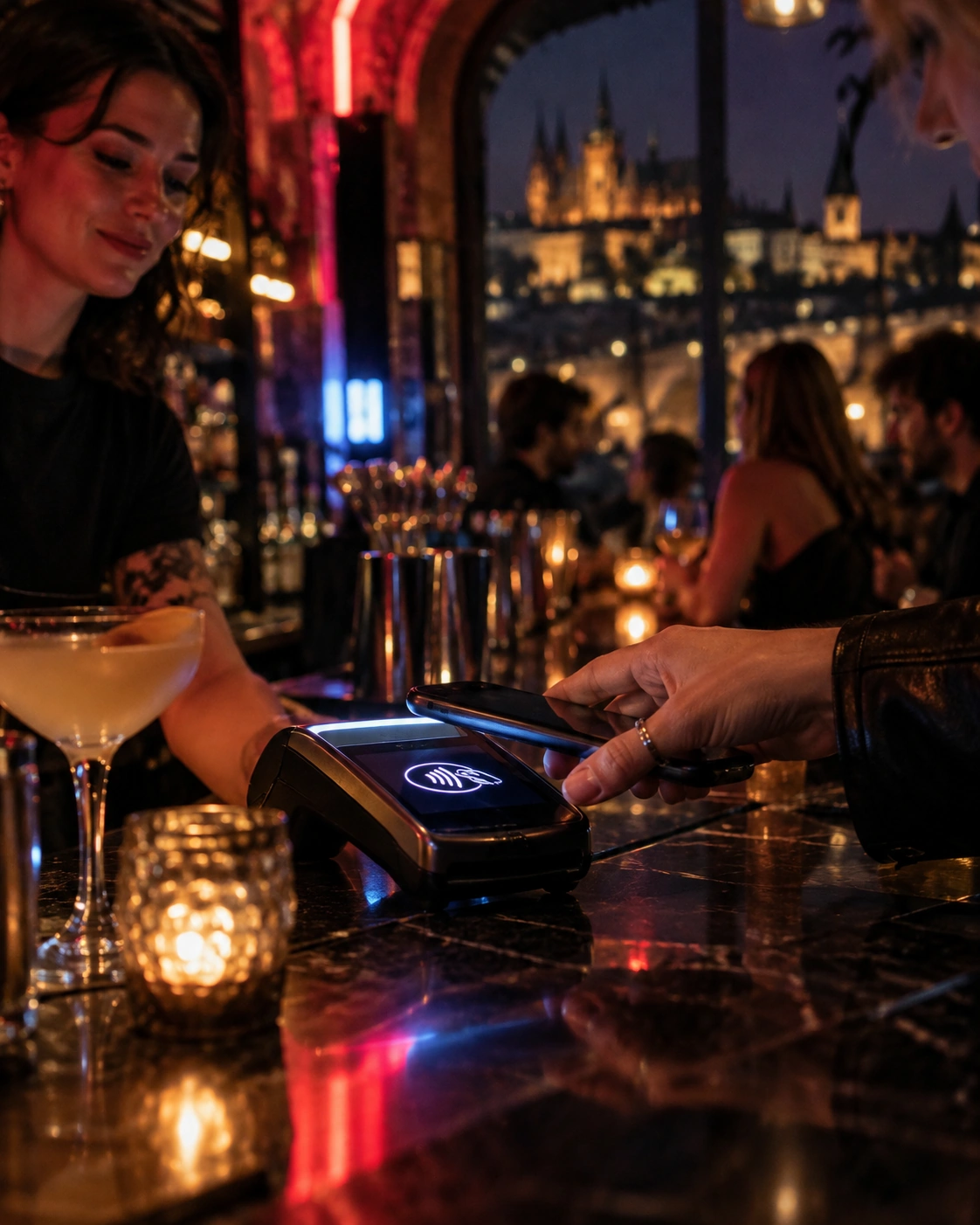 Prompt: A close-up of a glowing digital contactless payment terminal at a dark, atmospheric Prague cocktail bar. A young person tapping a smartphone to pay, neon lights reflecting on the bar counter, nightlife transaction aesthetic, 35mm photography, realistic --ar 4:5