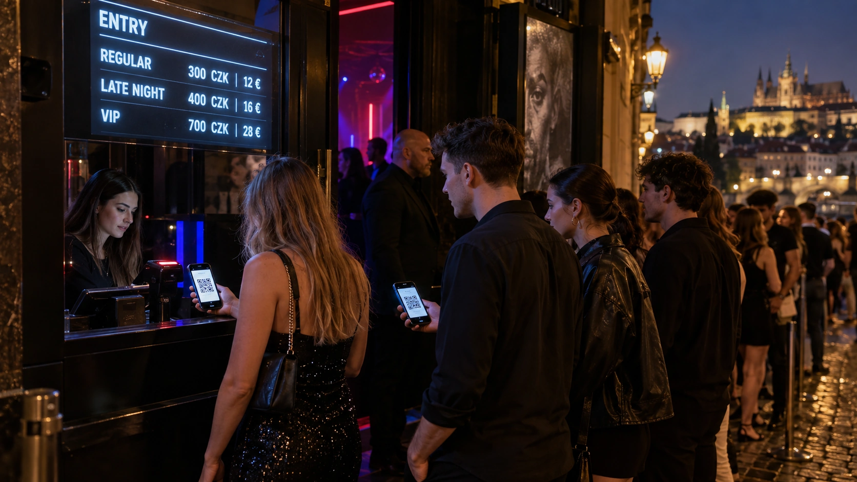 Prompt: A busy ticket booth at the entrance of a major Prague nightclub, illuminated digital sign showing prices in CZK and Euros. Young clubbers scanning QR codes on their phones to enter, dark moody lighting, cinematic street style --ar 16:9