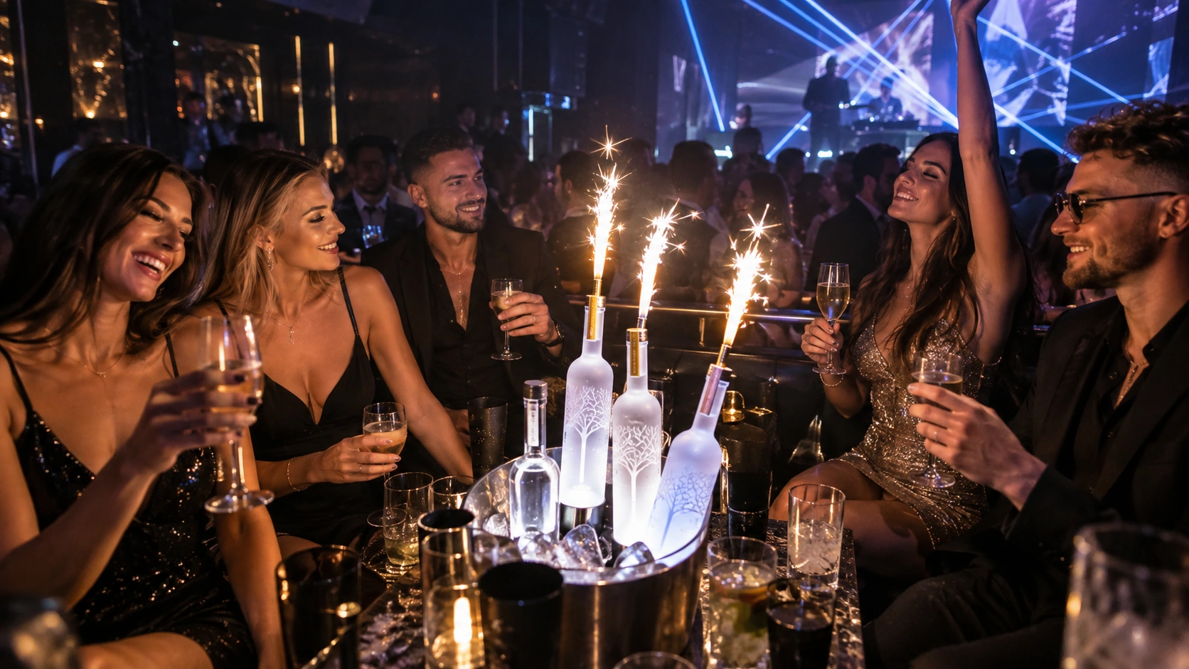 Prompt: A luxurious VIP club table in Prague with glowing premium vodka bottles and sparklers. Sleek aesthetic, dark club background with laser lights, upscale nightlife experience --ar 16:9