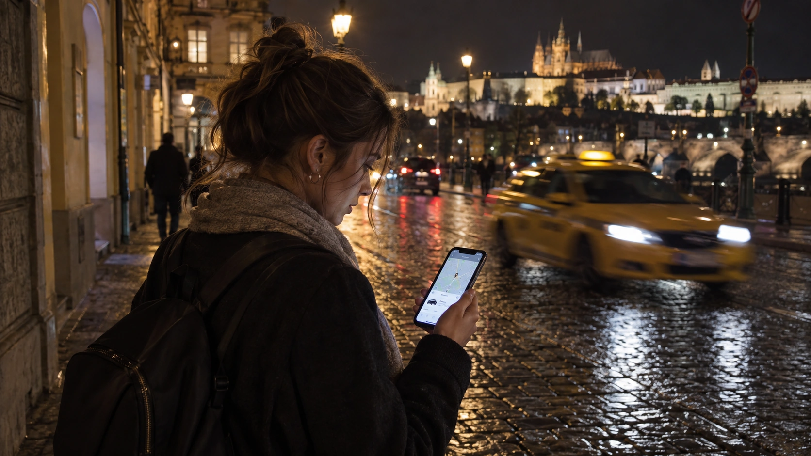 Prompt: A young traveler looking at a ride-hailing app (Uber/Bolt) on their glowing smartphone screen while standing on a cobblestone Prague street at 3 AM. Blurry yellow taxi lights passing in the background, urban night survival --ar 16:9