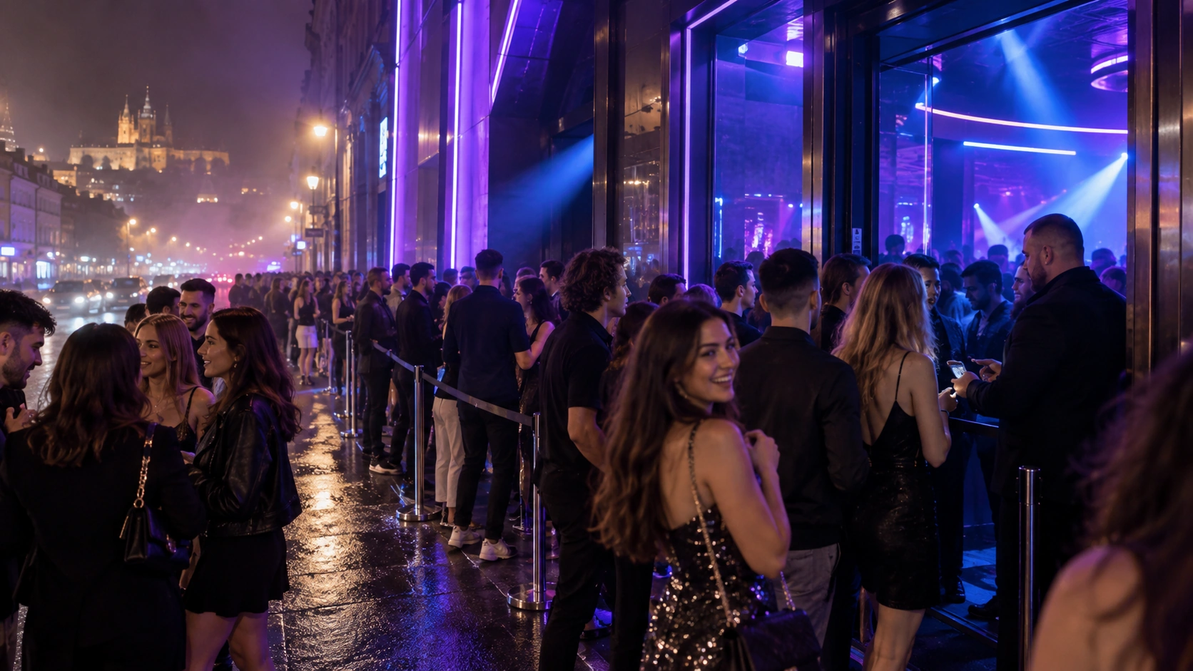 Prompt: A buzzing crowd arriving outside the entrance of a modern mega-club in Prague at midnight. Dramatic purple and blue neon lights cutting through street haze, energetic partygoers queueing, realistic nightlife photography --ar 16:9