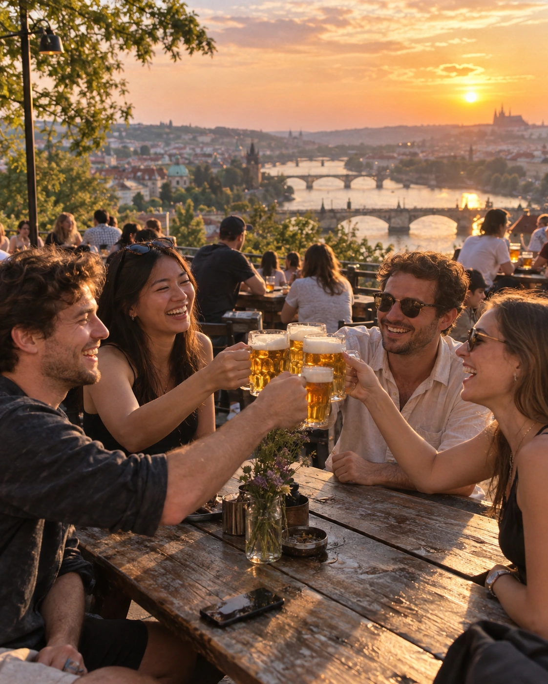 Prompt: Young international friends laughing and clinking heavy glass mugs of golden Czech beer at rustic wooden picnic tables in the Letná beer garden. Golden hour sunset lighting, panoramic view of Prague's bridges and the Vltava river below, lively summer atmosphere, 35mm film photography --ar 4:5