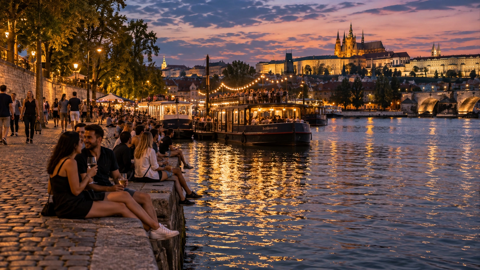Prompt: The vibrant cobblestone riverbank of Náplavka in Prague at dusk. Groups sitting with their feet dangling over the water, floating party boats docked with glowing warm lights, Prague Castle illuminated in the distance --ar 16:9