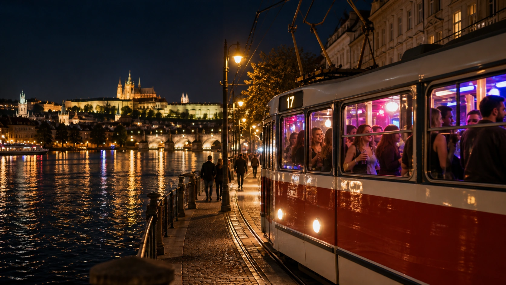 Prompt: A red and white Prague tram (route 17) driving along the riverbank boulevard at night. Streetlights reflecting on the Vltava water, clubbers visible inside the lit carriage, high contrast urban photography --ar 16:9