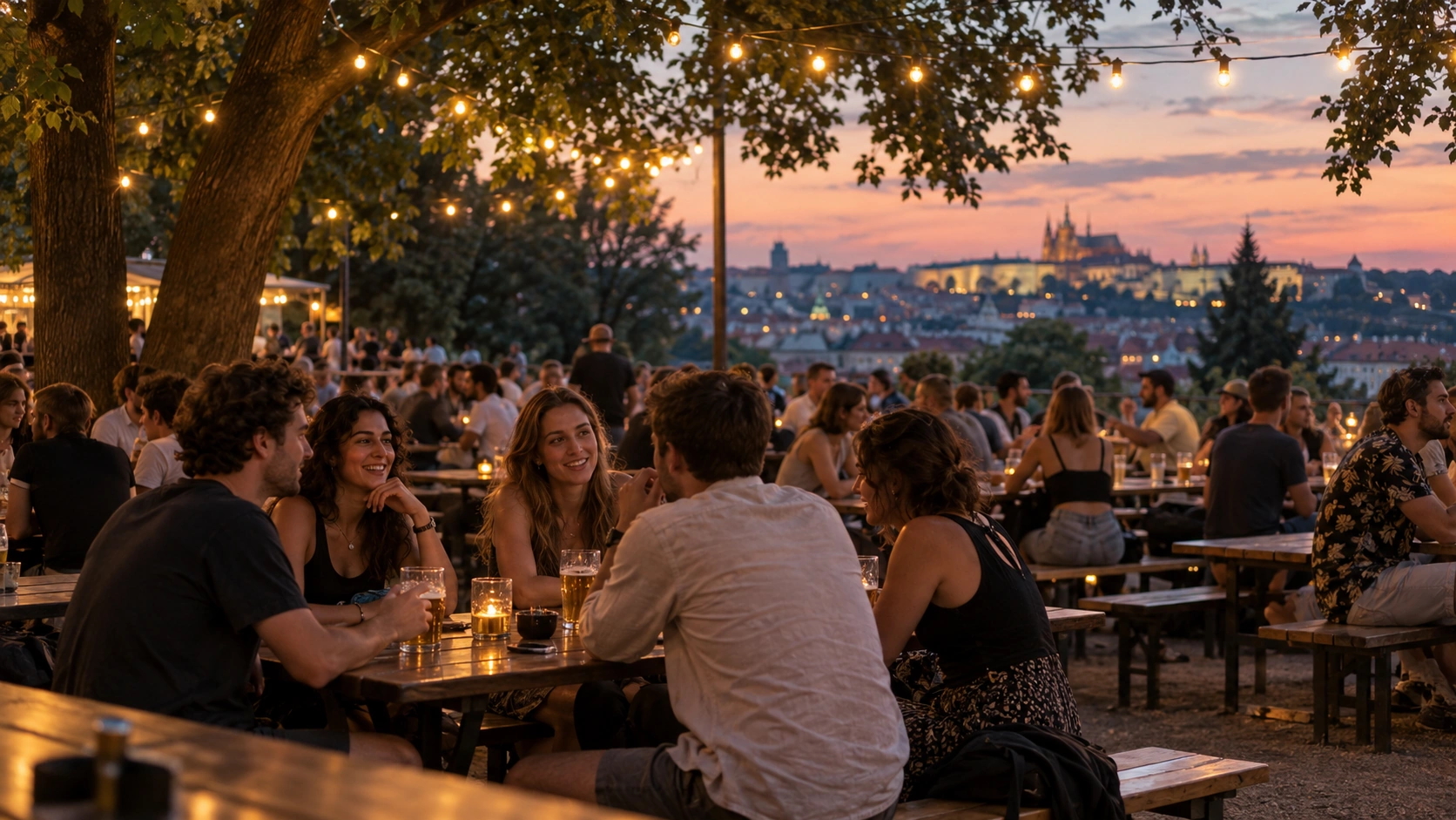 Prompt: A crowded open-air beer garden at Riegrovy Sady park at twilight. Fairy string lights glowing above long wooden benches, stylish international students talking and drinking, relaxed summer evening vibe, cinematic street style --ar 16:9