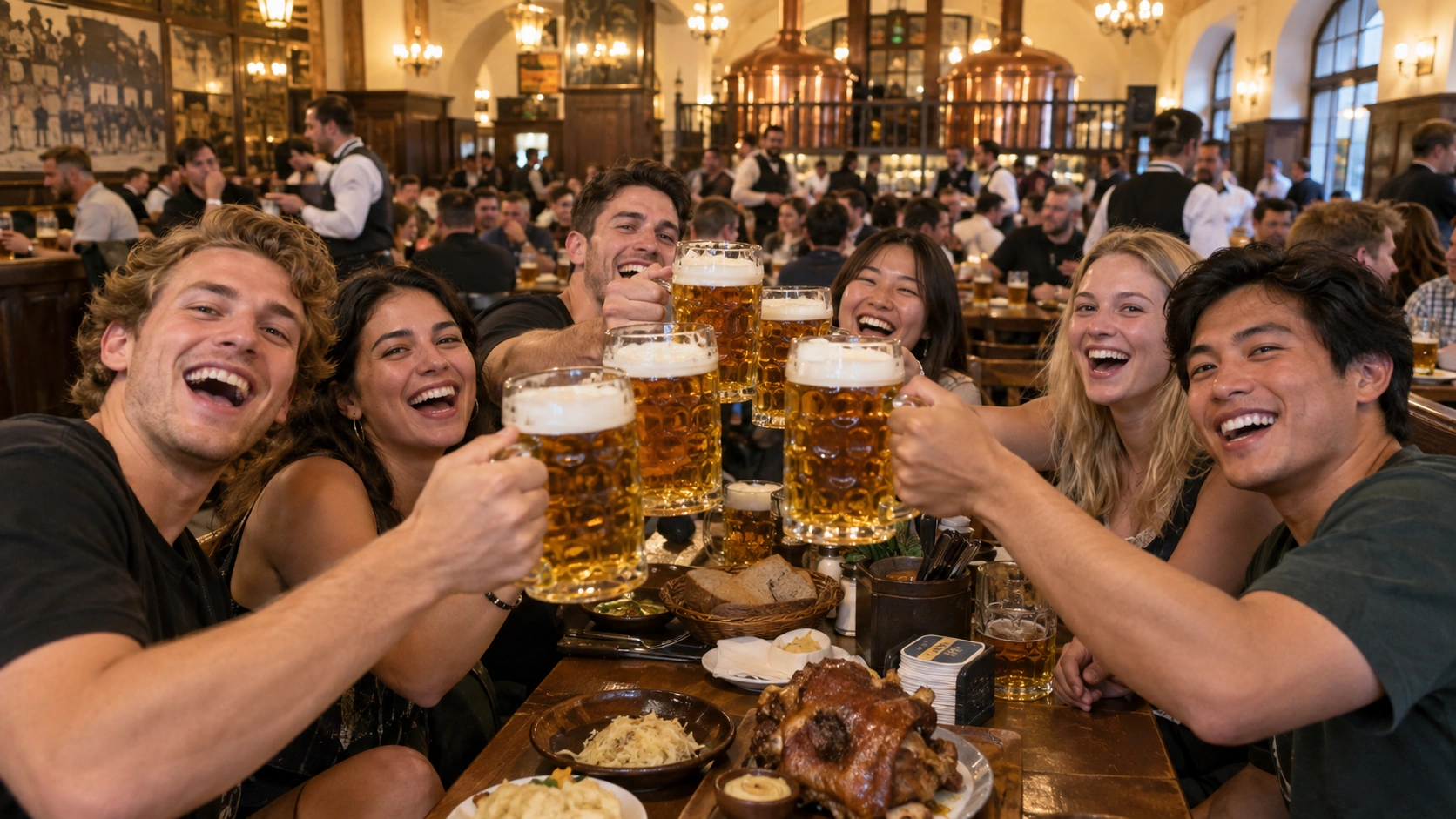 Prompt: A packed traditional Czech beer hall filled with international university students holding up massive 1-liter glass mugs of golden Pilsner beer for a toast. Warm rustic lighting, lively Spring Break celebration, highly detailed --ar 16:9