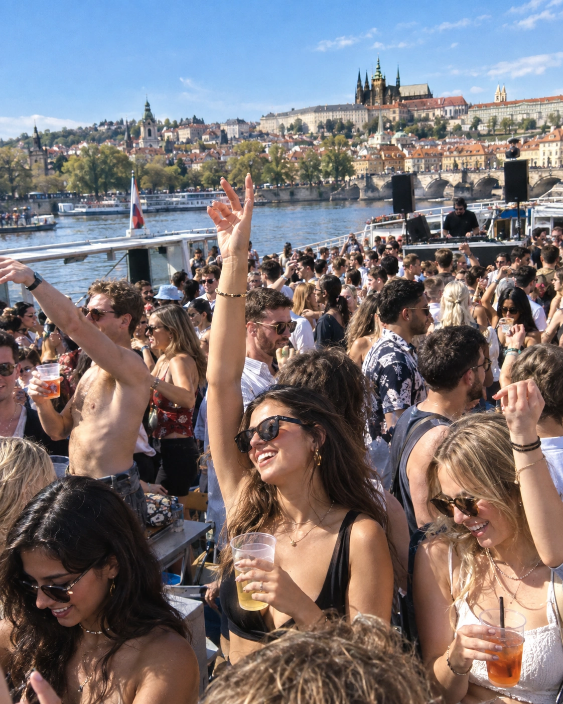 Prompt: A massive Spring Break boat party on the Vltava river in Prague during a warm spring afternoon. Hundreds of young international students dancing on the open deck, holding drinks, bright blue sky, Prague Castle in the background, energetic festival atmosphere, 35mm photography --ar 4:5
