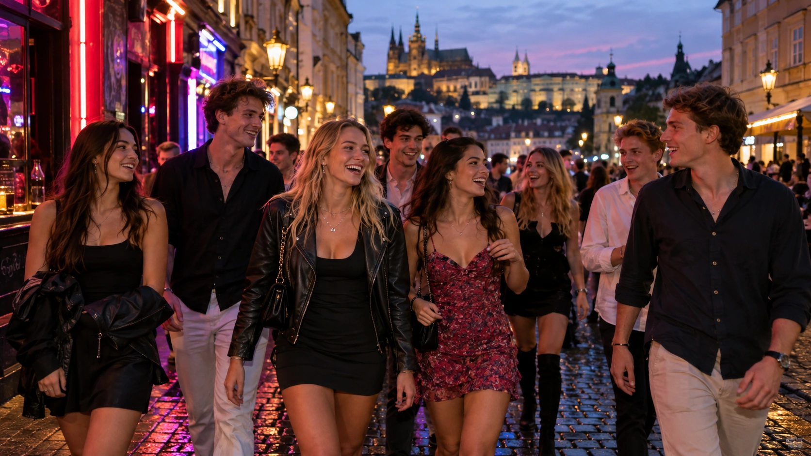 Prompt: A large group of American and British university students walking down a vibrant cobblestone street in Prague at dusk, laughing and heading towards a club. Spring fashion, neon bar signs reflecting on the street, cinematic documentary style --ar 16:9