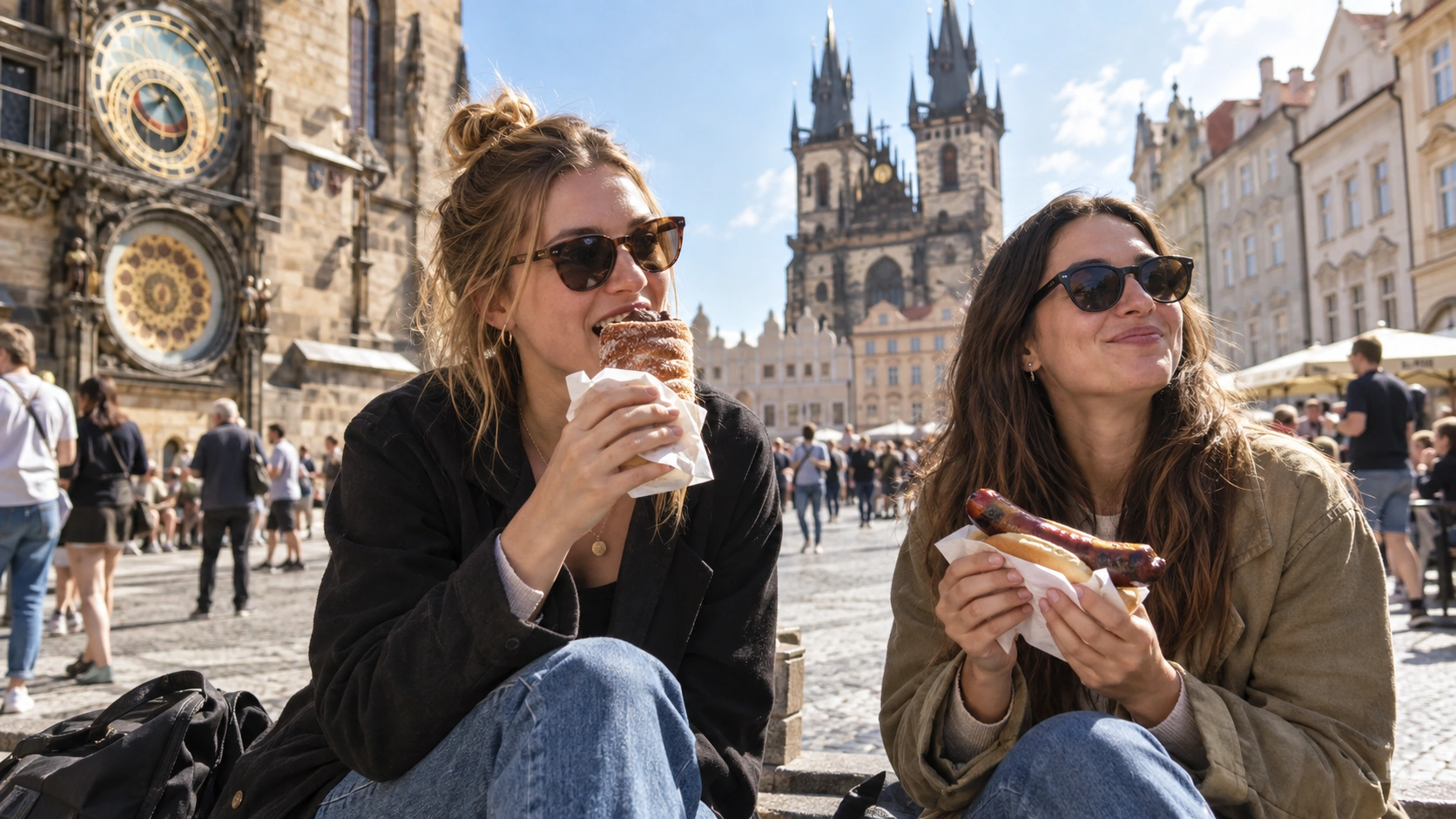 Prompt: Two tired but happy students eating greasy street food (Trdelník and sausage) on a sunny spring morning in Prague's Old Town Square. Sunglasses on, relaxed recovery vibe, historic architecture in the background --ar 16:9