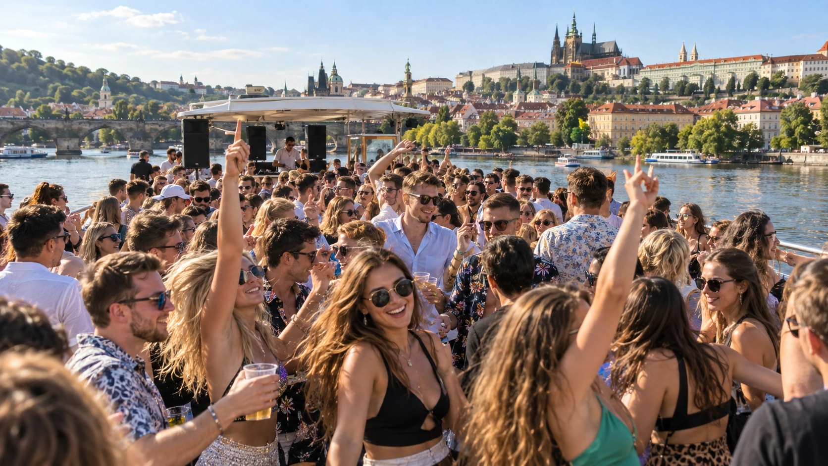 Prompt: A massive, sun-drenched Spring Break boat party in Prague. Hundreds of young students in sunglasses dancing on the open deck of a river cruiser, Prague Castle in the bright background, high energy festival vibe --ar 16:9