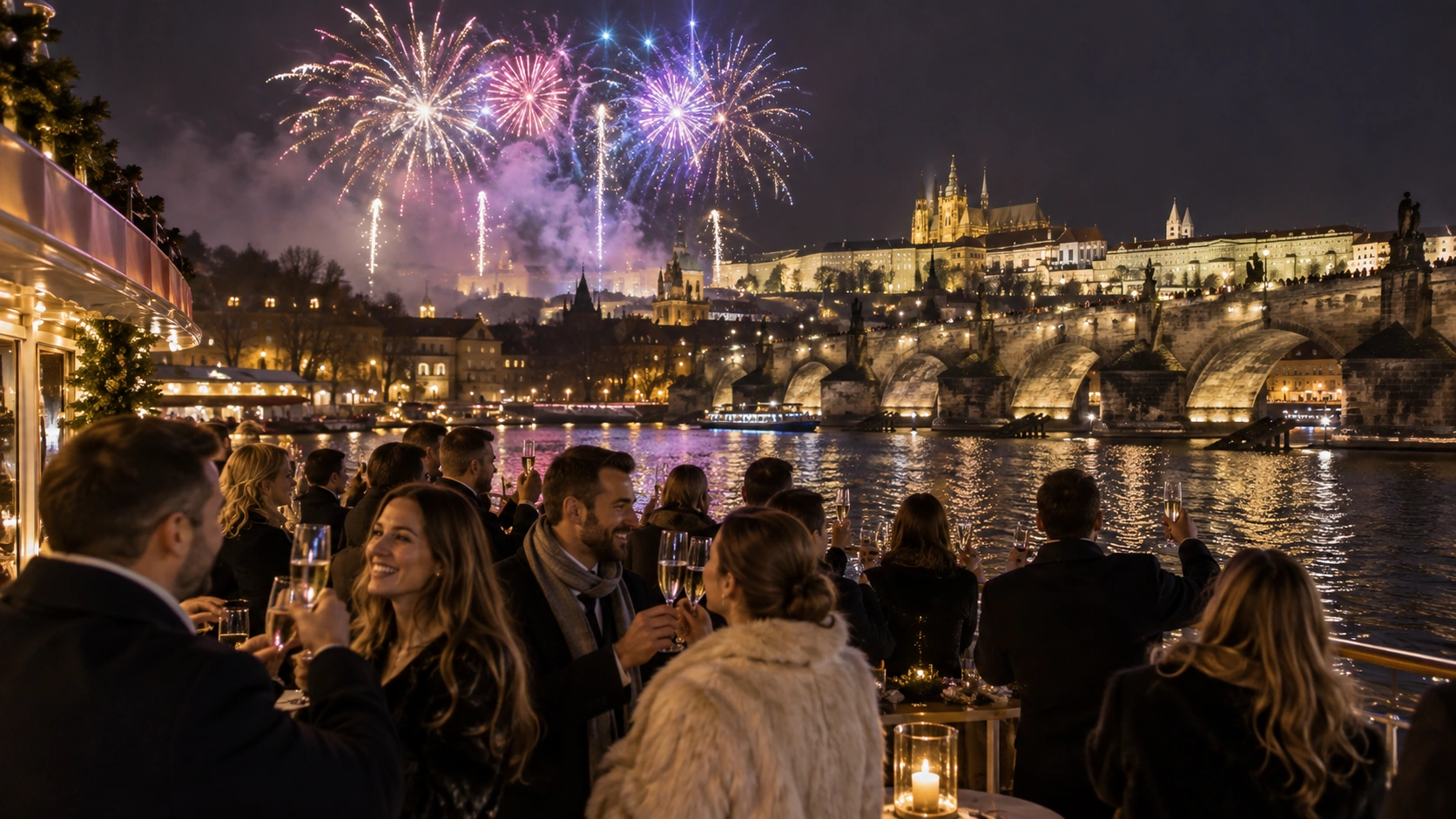 Prompt: Spectacular multi-colored New Year's Eve fireworks exploding in the night sky over the Charles Bridge in Prague. A crowded VIP boat deck in the foreground with people toasting champagne glasses, winter night, realistic --ar 16:9
