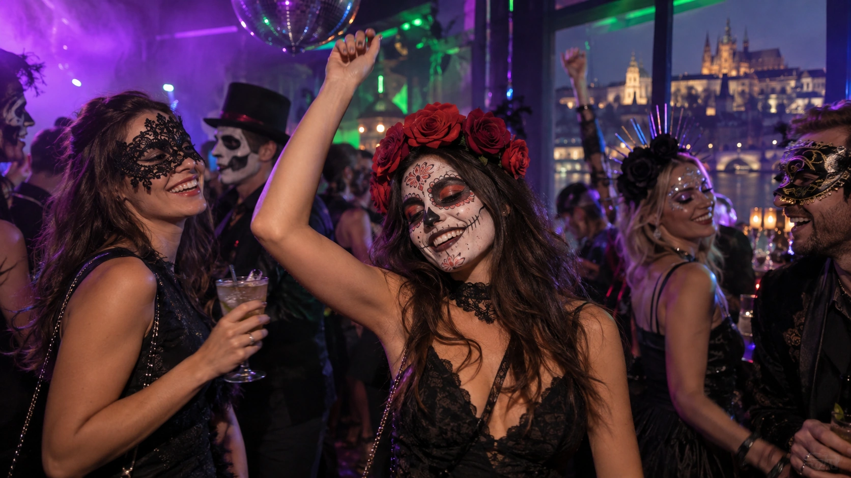 Prompt: A crowded, dark underground nightclub in Prague during Halloween. Partygoers in elaborate scary costumes and face paint dancing under neon purple and green laser lights, heavy smoke machine haze, thrilling nightlife scene --ar 16:9