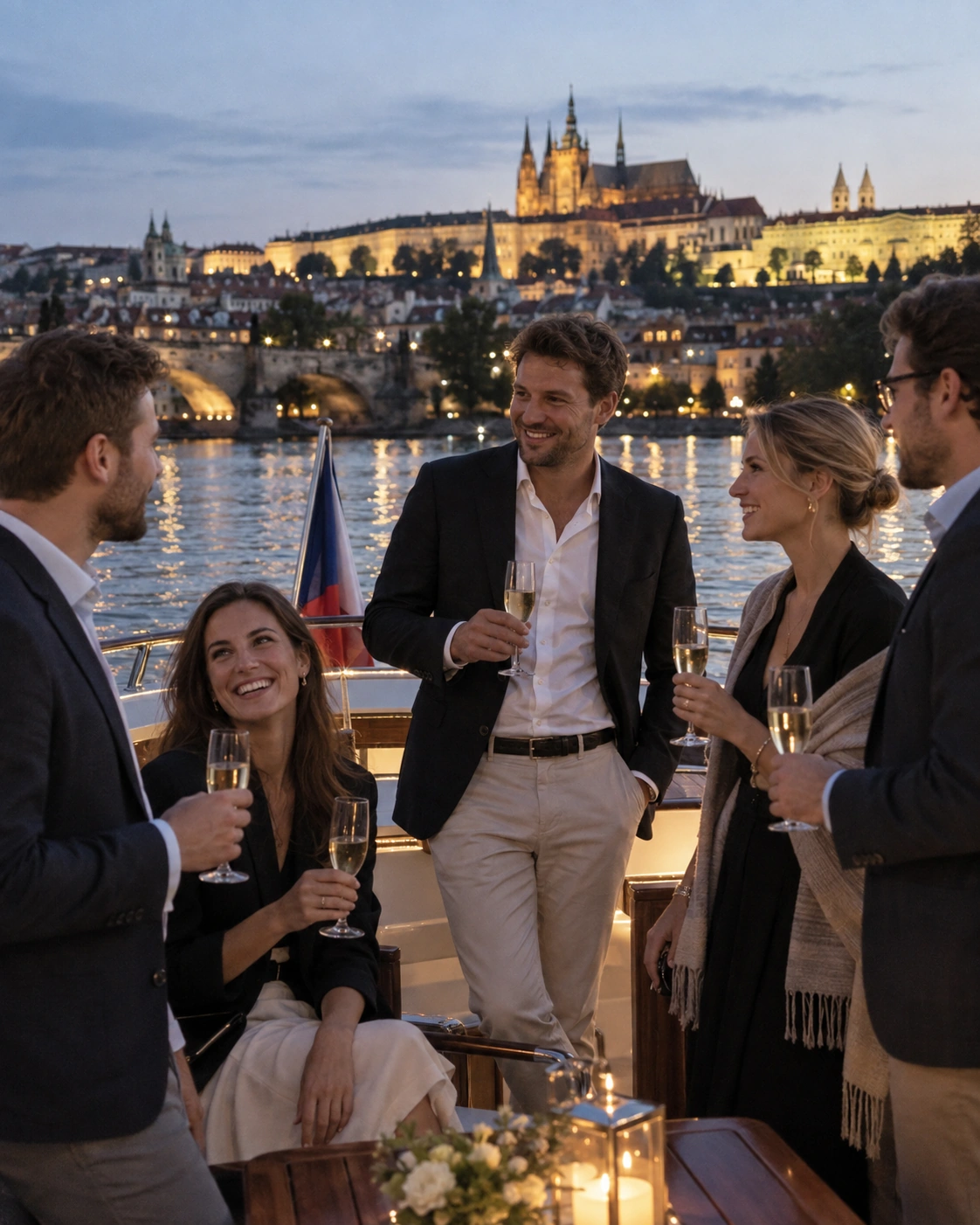 Prompt: An elegant corporate team in smart-casual attire enjoying a private evening boat charter on the Vltava River in Prague. Holding champagne glasses, professional networking atmosphere, illuminated Prague Castle in the background, 35mm photography, high quality --ar 4:5