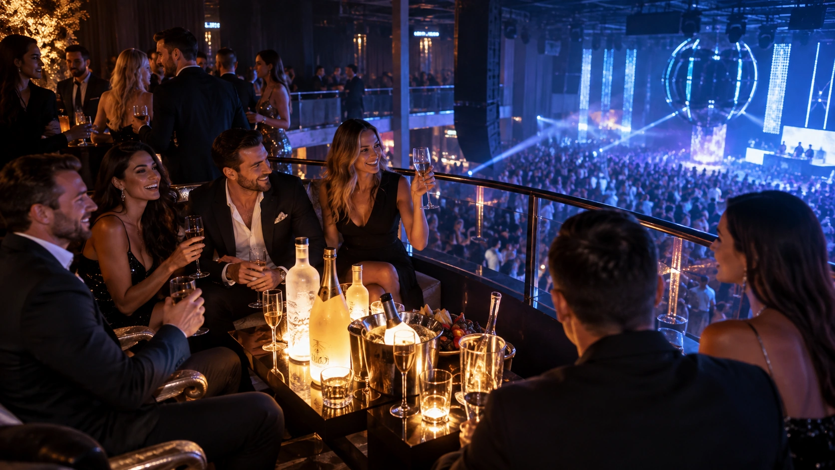 Prompt: A luxurious VIP balcony at EPIC club Prague, reserved for a corporate group. Glowing premium bottles on the table, professional adults enjoying the party safely above the massive dancefloor, high-end nightlife aesthetic --ar 16:9