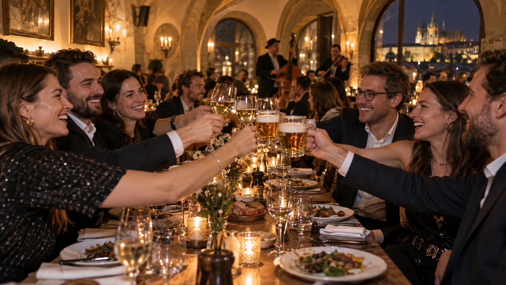 Prompt: A long, elegantly set dinner table inside a historic Prague restaurant seamlessly transitioning into a lively evening party. Colleagues toasting with wine and Czech beer, warm ambient lighting, festive company culture --ar 16:9