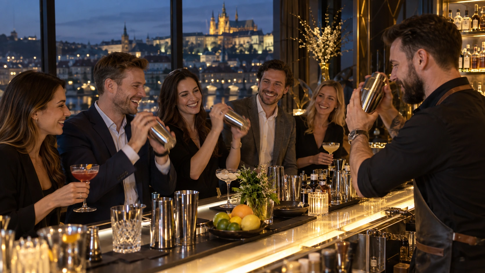 Prompt: A group of colleagues laughing and participating in a premium cocktail masterclass at an upscale Prague lounge. A professional mixologist demonstrating techniques, glowing bar counter, sophisticated team building activity --ar 16:9