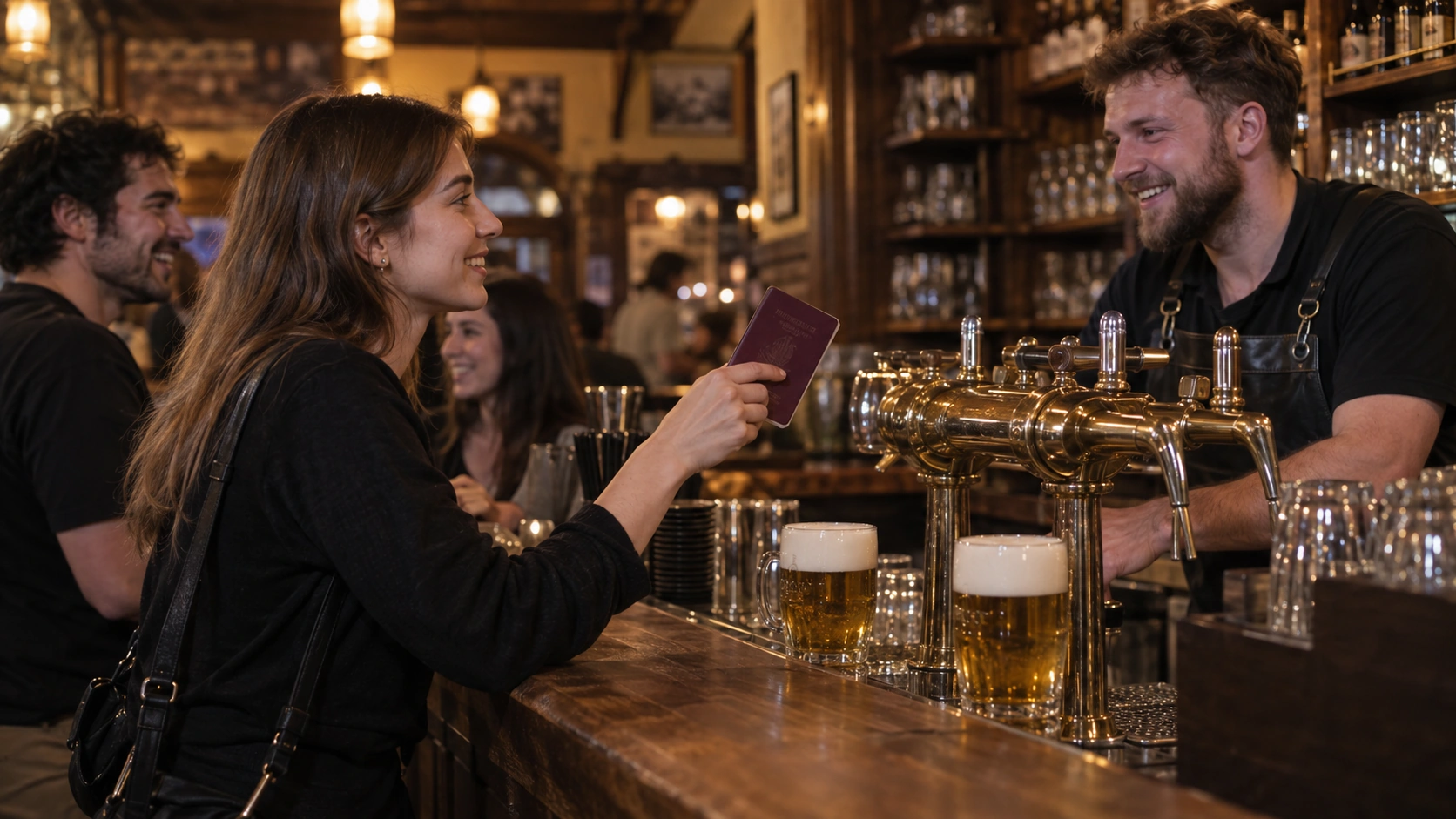 Prompt: A young student showing a physical passport to a friendly bartender at a lively Prague pub counter while ordering draft beers. Authentic wood tavern interior, soft warm lighting, realistic documentary nightlife style --ar 16:9