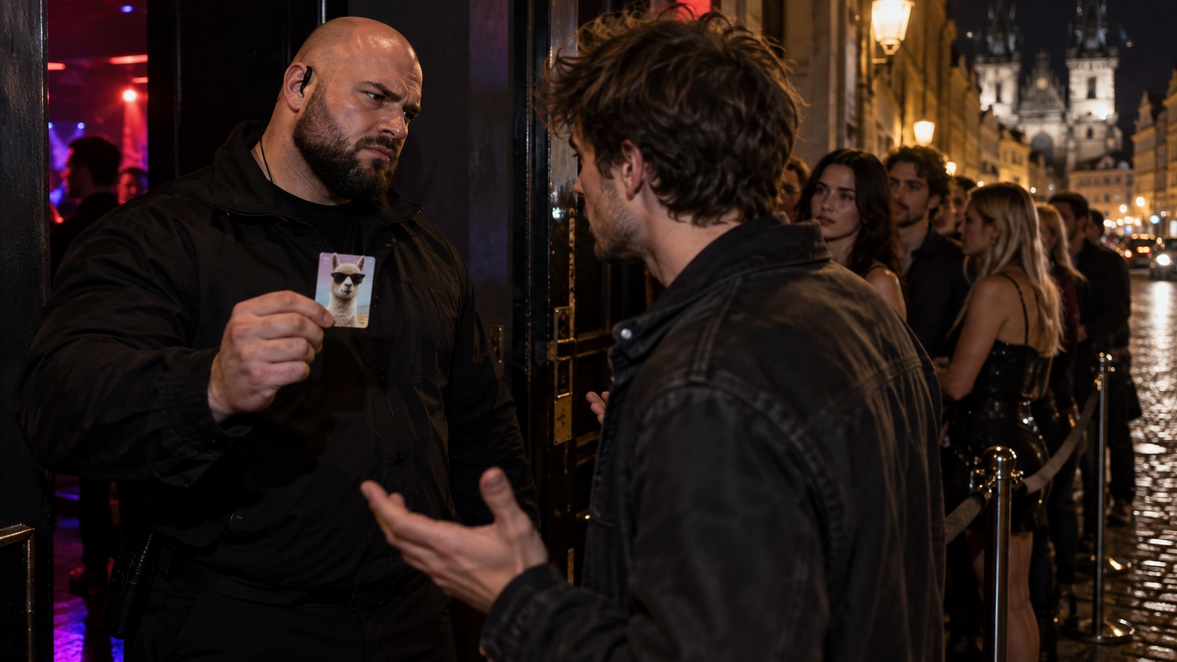 Prompt: A bouncer outside a Prague nightclub firmly shaking his head and holding a confiscated novelty ID card. Tense night street interaction, dark urban ambiance, blurred queues in the background, sharp focus --ar 16:9