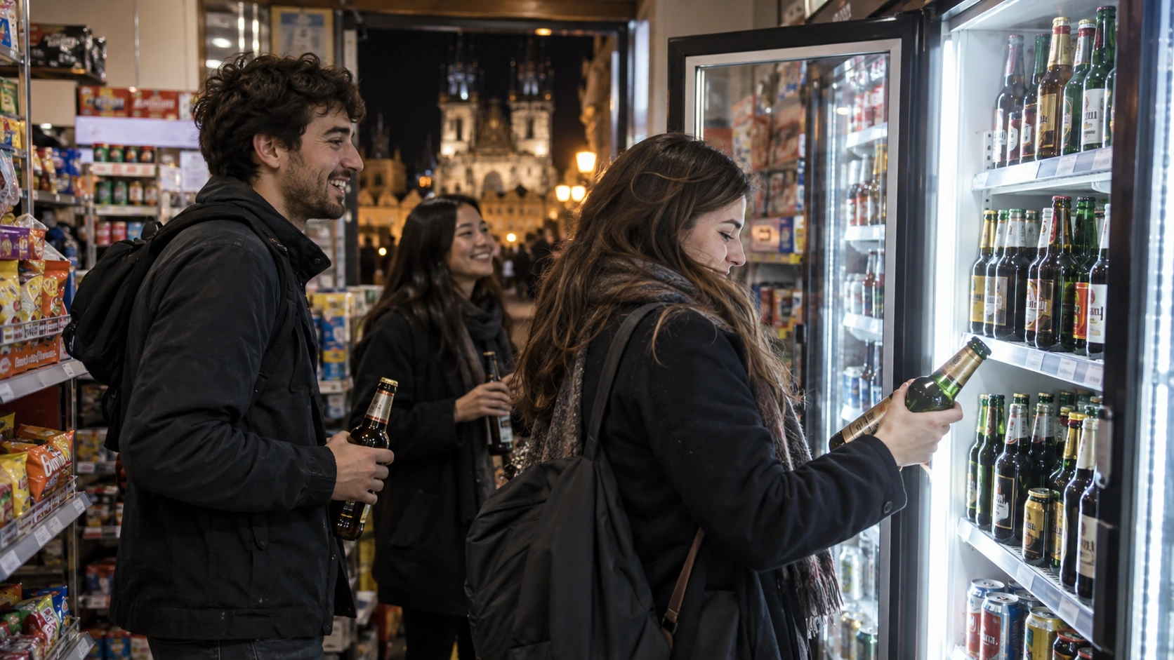 Prompt: International students standing in a brightly illuminated Prague convenience store (večerka) at night, picking up bottled beers from the fridge. Authentic urban retail scene, colorful product shelves, realistic --ar 16:9