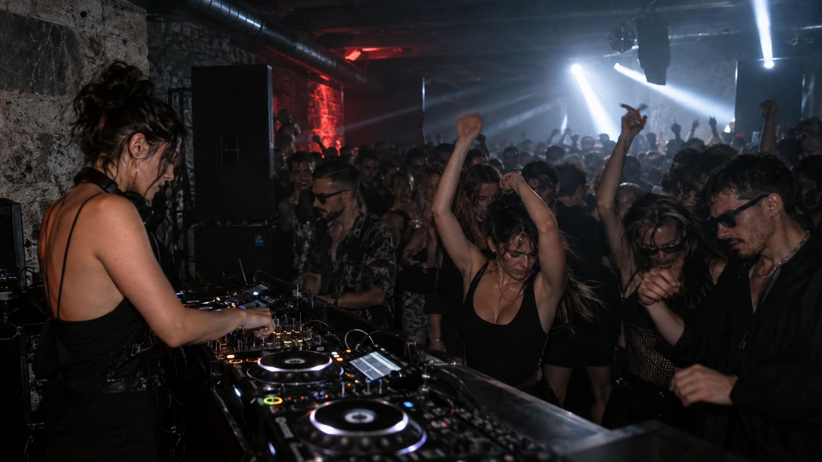 Prompt: DJ playing energetic tech-house at an underground afterparty club in Prague. Dark room, flashing strobe lights, dedicated partygoers dancing intensely, gritty authentic European afterhours vibe --ar 16:9
