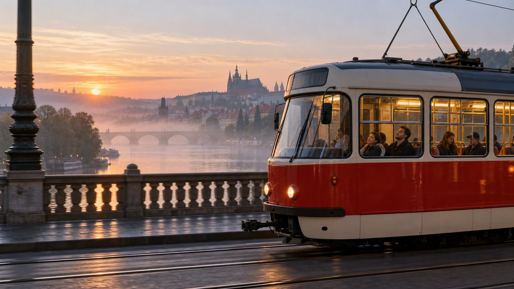 Prompt: An empty, brightly lit red Prague tram driving across a bridge over the Vltava river at 6:00 AM. Beautiful morning mist, sleepy clubbers sitting inside, cinematic urban transit photography --ar 16:9