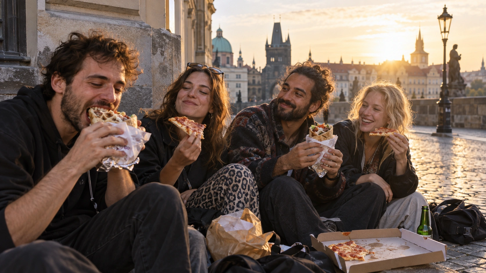 Prompt: A tired but happy group of international friends eating messy late-night kebab and pizza slices on a Prague street corner at dawn. Golden morning sunlight hitting the historic buildings, relaxed recovery atmosphere --ar 16:9
