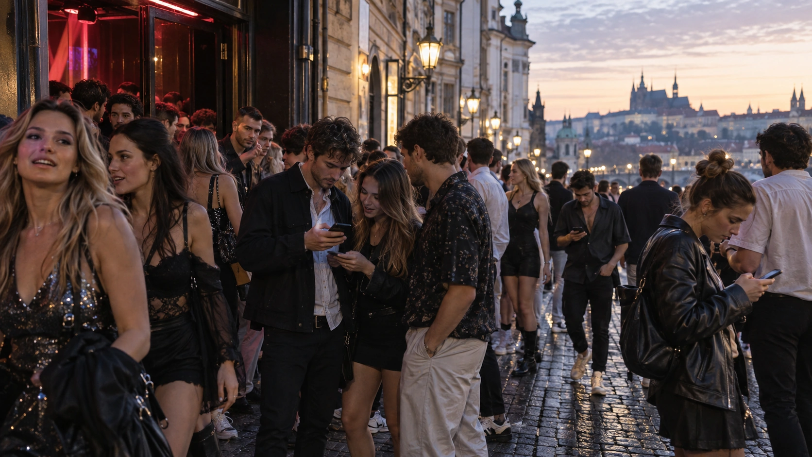 Prompt: A massive crowd of young clubbers spilling out onto a cobblestone Prague street at 5:00 AM. Dawn light barely breaking in the sky, neon signs turning off, people checking their phones for directions, documentary street style --ar 16:9