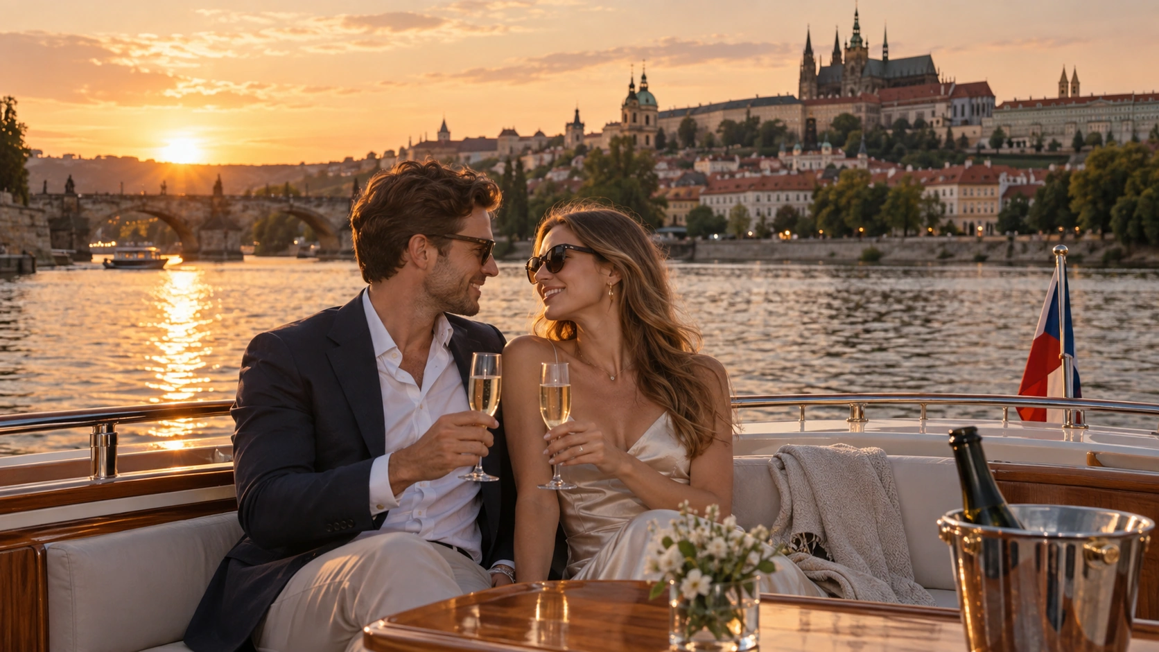 Prompt: A romantic couple holding champagne glasses on the upper deck of a private boat cruising the Vltava river at sunset. Prague Castle glowing in the background, warm golden hour lighting, luxurious travel lifestyle --ar 16:9