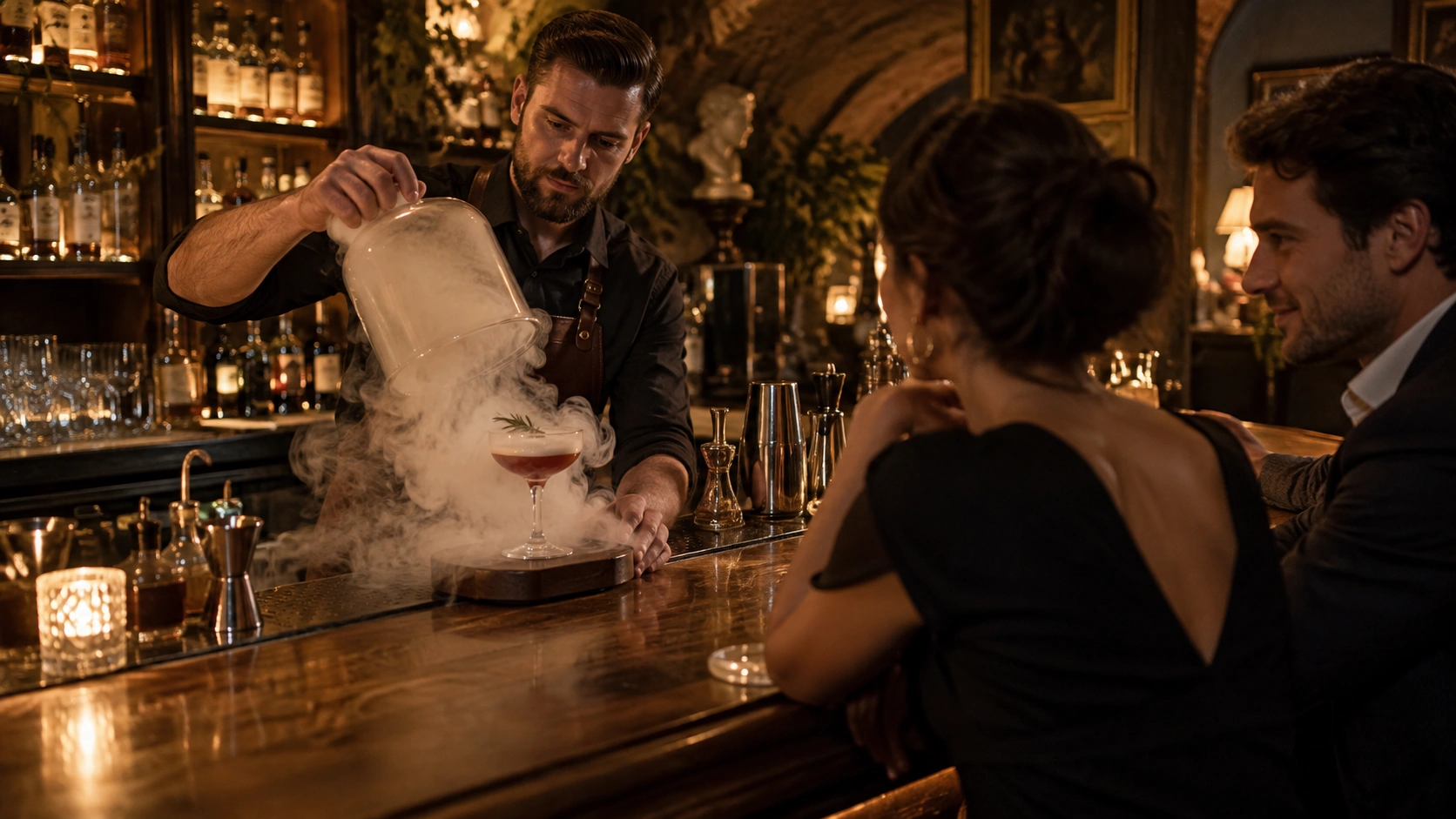 Prompt: A sophisticated, dimly lit speakeasy cocktail bar in Prague. A skilled mixologist preparing a craft cocktail with dry ice smoke for a couple sitting at the vintage wooden bar counter. Intimate, atmospheric lighting --ar 16:9