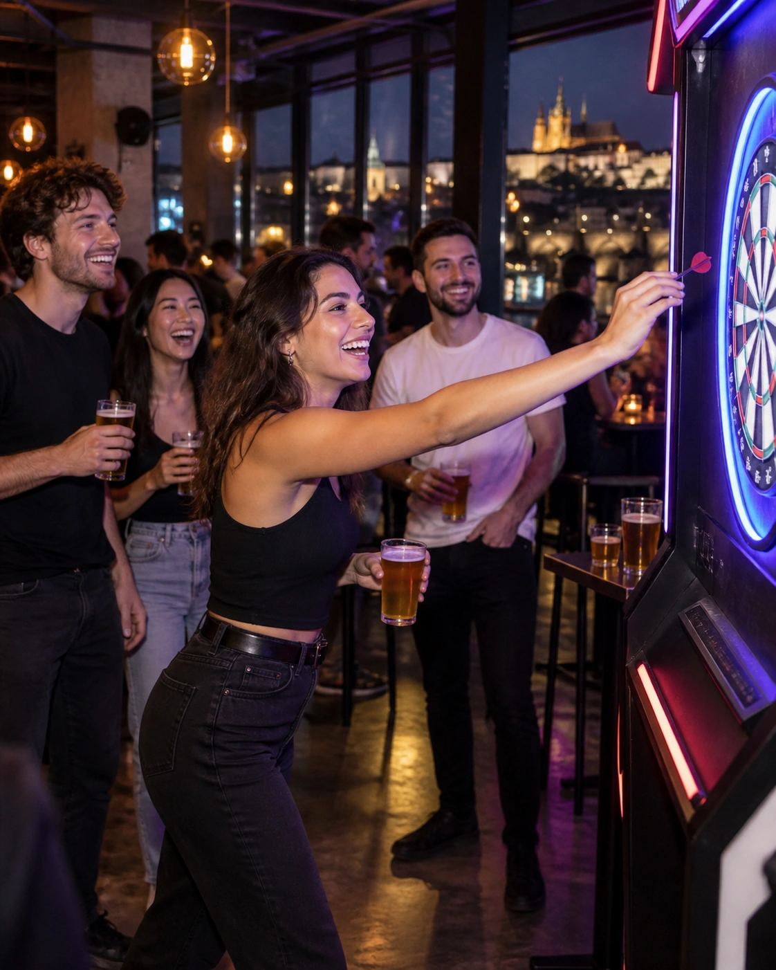 Prompt: A lively group of young international friends playing interactive digital darts at a modern Prague activity bar. Glowing neon dartboard, people laughing and holding craft beers, highly energetic social gaming atmosphere, 35mm nightclub photography --ar 4:5