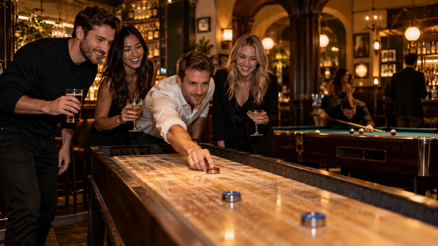 Prompt: A stylish upscale pub in Prague featuring a long wooden shuffleboard table and pool tables. A group of young professionals leaning over the table to take a shot, sophisticated pre-game vibe, warm amber lighting --ar 16:9