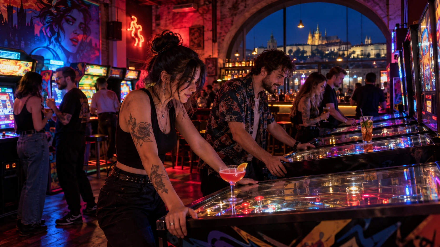 Prompt: A dimly lit retro arcade bar in Prague filled with glowing vintage pinball machines and neon arcade cabinets. Young people playing games with colorful cocktails resting on the machines, cyberpunk aesthetic, cinematic lighting --ar 16:9