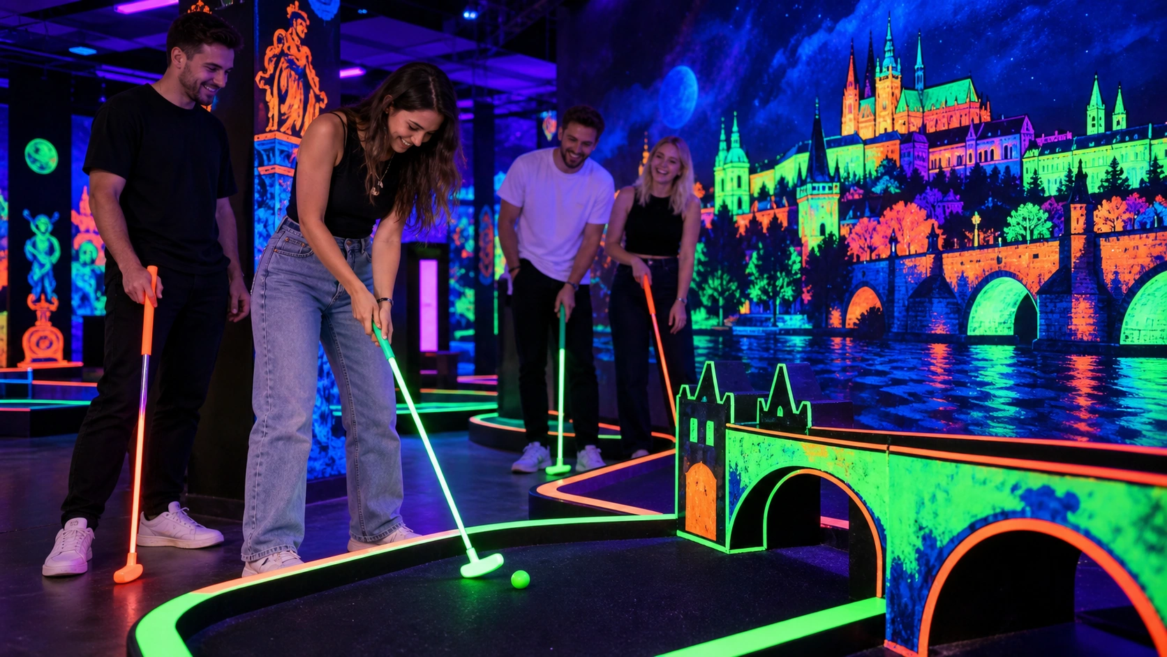 Prompt: Friends playing indoor crazy mini-golf in Prague under intense UV blacklights. Glowing neon golf putters and fluorescent wall art, fun party atmosphere, wearing casual streetwear, highly detailed --ar 16:9