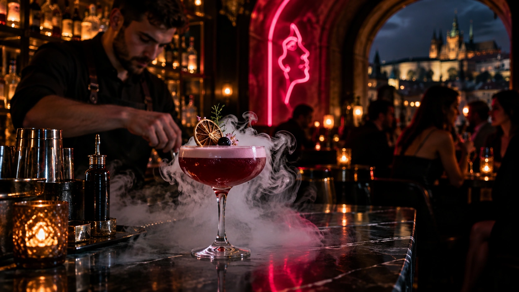 Prompt: A dark, moody speakeasy bar in Prague illuminated by a cyberpunk neon sign. A beautifully garnished signature cocktail sitting on a black marble counter, surrounded by dry ice smoke, aesthetic nightlife photography --ar 16:9