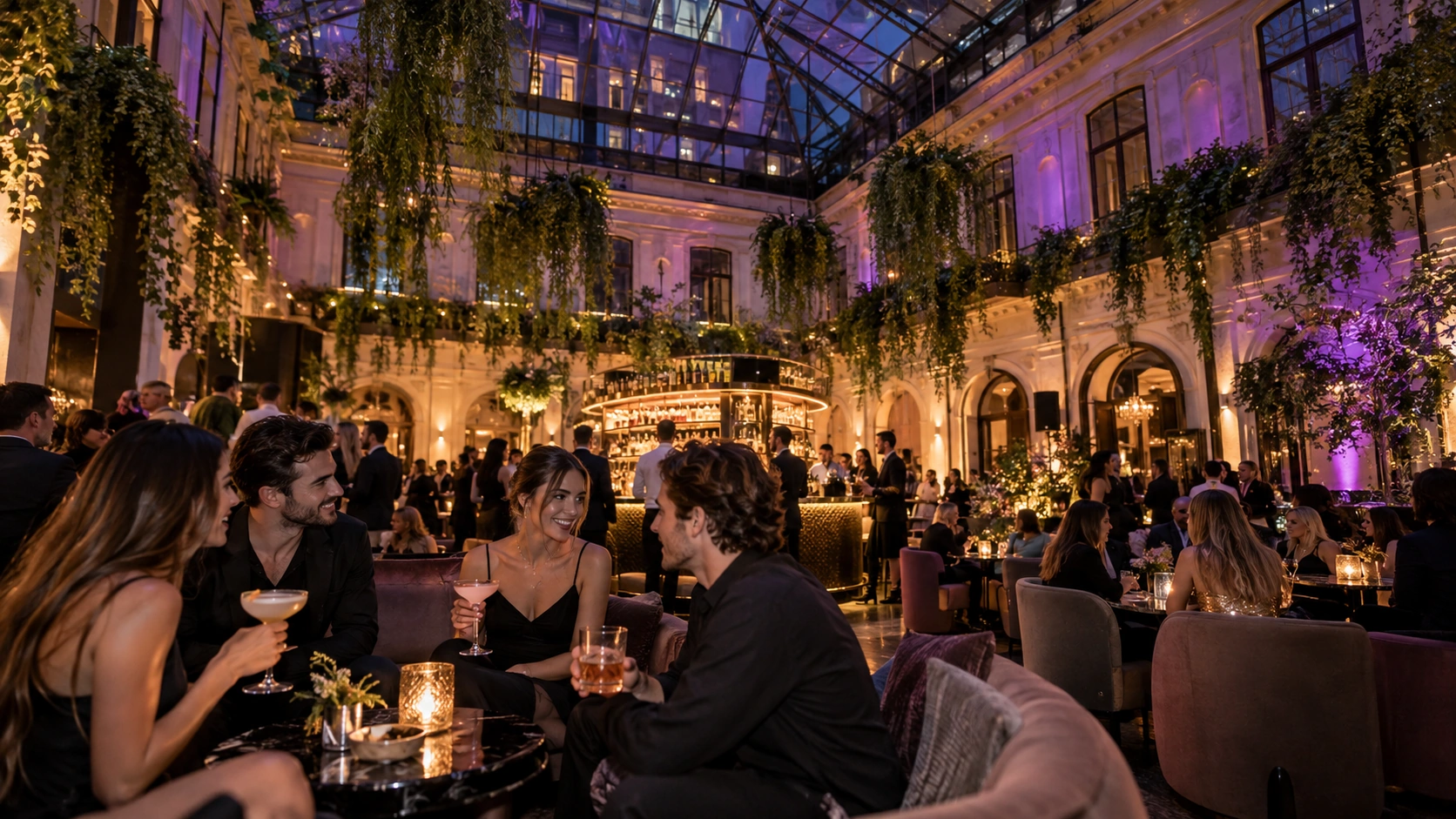 Prompt: The breathtaking interior of Moonclub Prague, featuring a massive historic courtyard covered by a modern glass atrium. Hanging greenery, stylish patrons holding aesthetic cocktails, ambient purple and gold lighting, highly detailed interior photography --ar 16:9