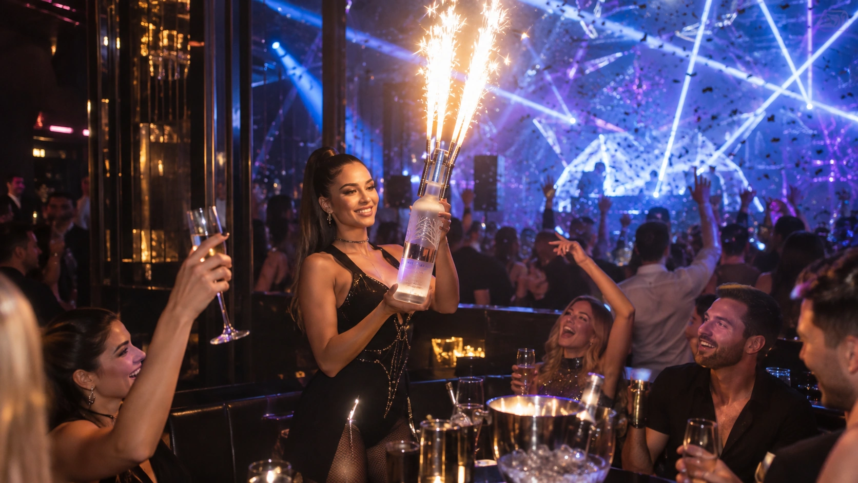 Prompt: A dramatic nightlife shot inside EPIC Club Prague. A VIP waitress holding a premium bottle of vodka with massive glowing sparklers, illuminating the dark VIP booth. Intense laser lights and confetti in the background, high-energy party aesthetic --ar 16:9