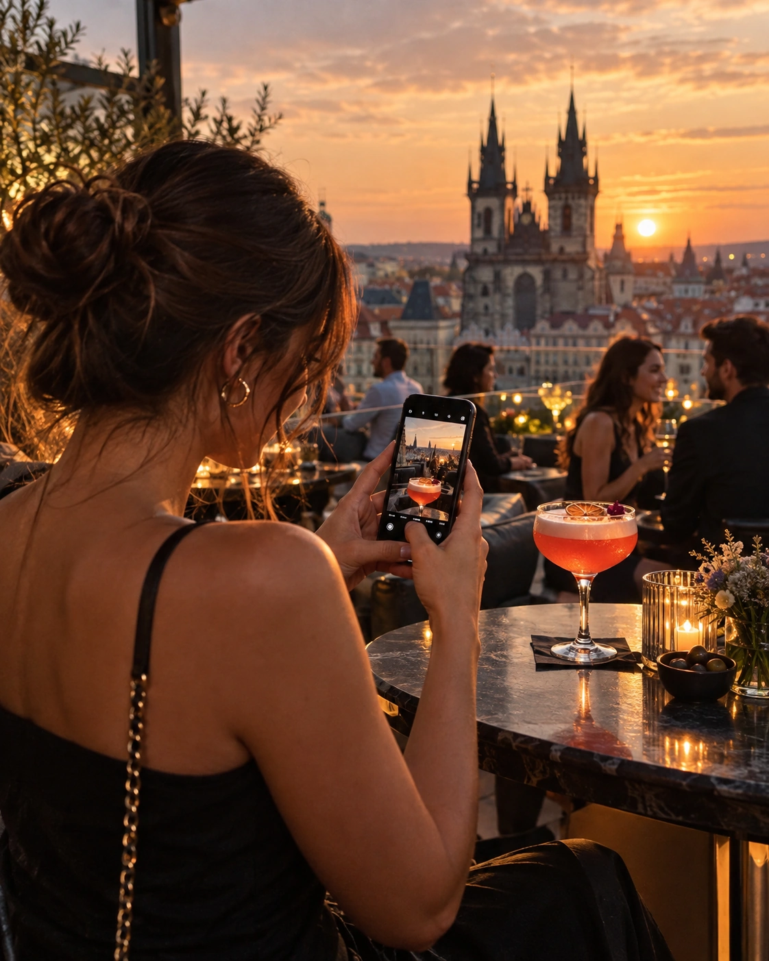 Prompt: A stylish young woman taking a photo of a glowing, colorful craft cocktail with her smartphone at an upscale Prague rooftop bar. Warm golden sunset light, historic gothic architecture in the blurred background, vibrant nightlife aesthetic, 35mm photography --ar 4:5