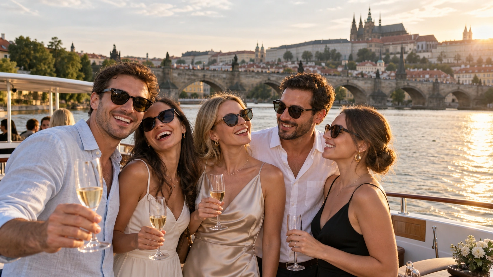 Prompt: A group of glamorous friends posing for a photo on the open deck of a party boat cruising the Vltava river. Perfect golden hour sunlight illuminating their faces, Prague Castle and Charles Bridge stunningly visible in the background, luxurious travel lifestyle --ar 16:9