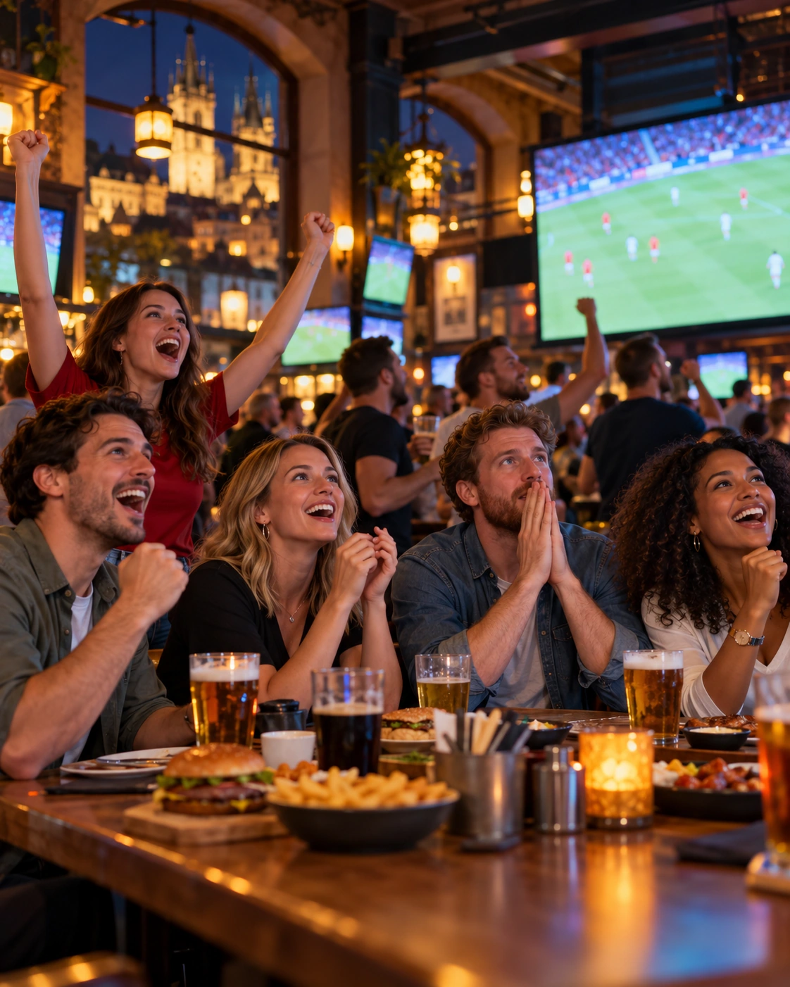 International football fans watching a live match in a Prague sports pub