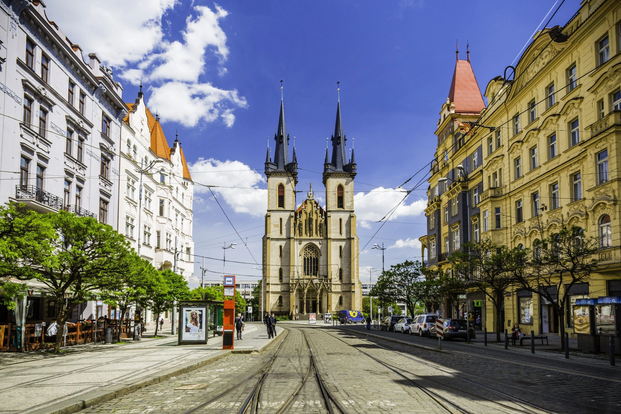 Strossmayer Square and tram tracks in Holešovice Prague