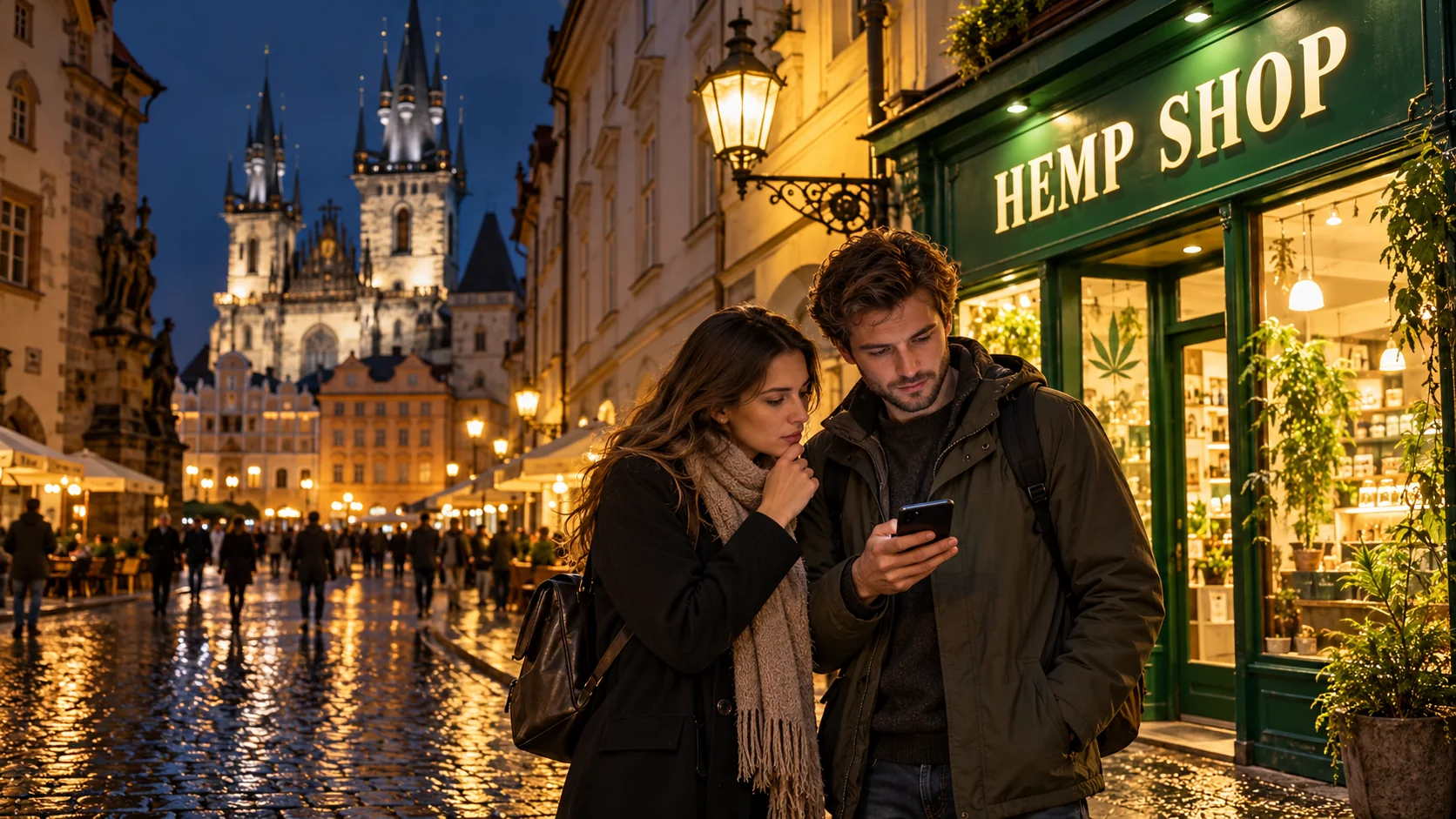 Two adult visitors checking Prague cannabis rules beside a generic hemp shop at night