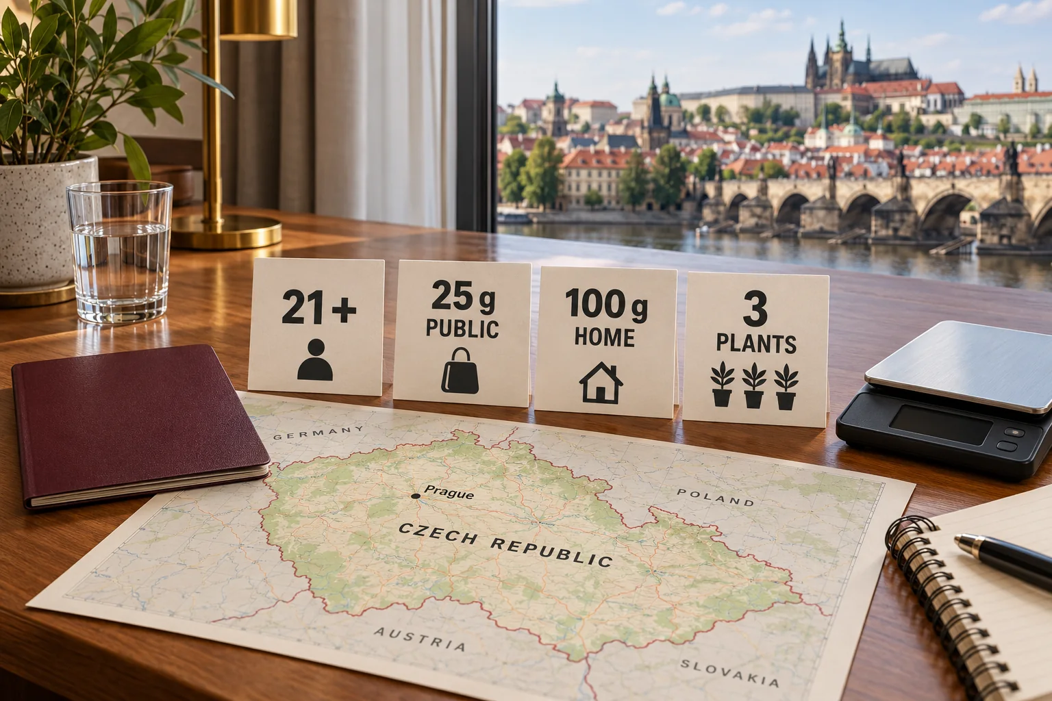 Visual guide to Czech cannabis limits of age 21, 25 grams in public, 100 grams at home and three plants